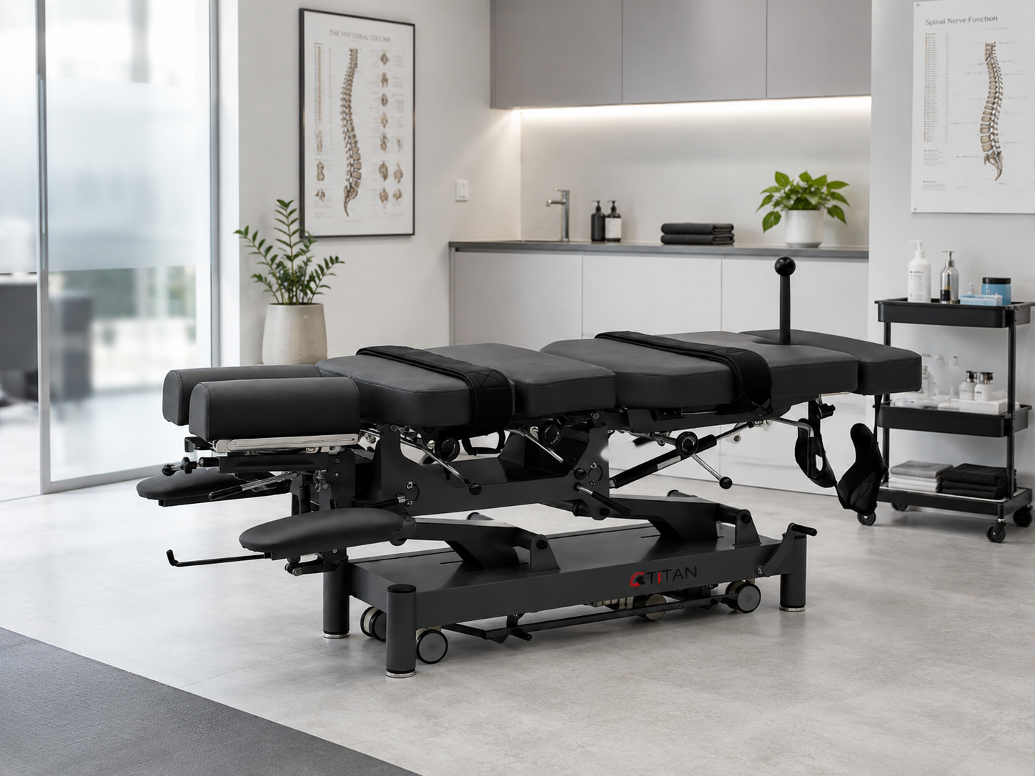 Titan Medical chiropractic adjustment table in a modern chiropractic clinic