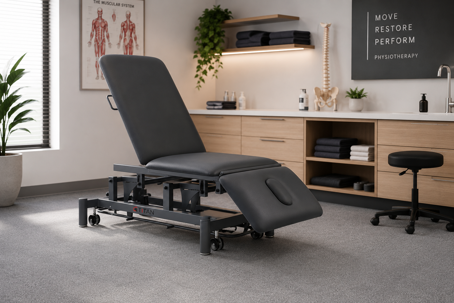 Titan Medical Stealth treatment table in a modern physiotherapy clinic
